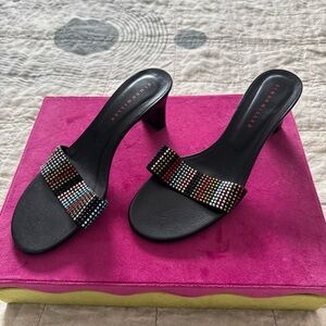 Simon Miller Black Low Block Heel Sandals Rhinestone Crystal Strap Size 37